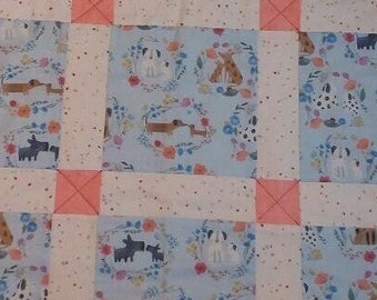 Puppy Love - baby, child, teen or adult patchwork quilt in blues, peach & red fabrics featuring all breeds of dogs, large and small.