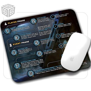 May include: A rectangular game mat with a detailed layout for a board game, featuring text and diagrams in white and blue. A white Apple mouse rests on the mat, providing a contrast to the dark background. The mat is designed for tabletop gaming.