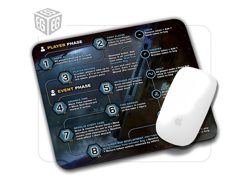 May include: A rectangular game mat with a detailed layout for a board game, featuring text and diagrams in white and blue. A white Apple mouse rests on the mat, providing a contrast to the dark background. The mat is designed for tabletop gaming.