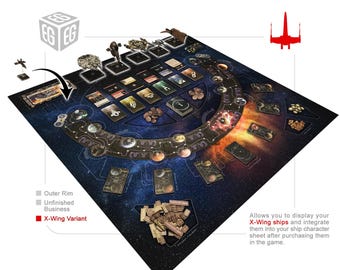 May include: A Star Wars: Outer Rim game board with a blue and orange galaxy background. The board features a circular track with planets and spaceships. The board also includes a variety of cards and tokens. The text on the board reads "Outer Rim", "Unfinished Business", and "X-Wing Variant".