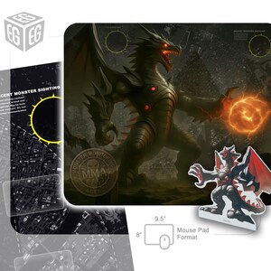 Puede incluir: Alfombrilla de ratón con una ilustración de un dragón con una esfera de fuego. El diseño incluye el texto "RECENT MONSTER SIGHTING" y "MONSTER MONITOR MMA AGENCY". Mide 24,1 cm por 20,3 cm.