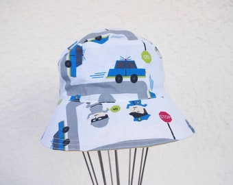 Police print childrens hat - reversible bucket hat - wide brim hat - sunhat - thick fabric hat - Cotton hat - Girls hat - kids hat boy