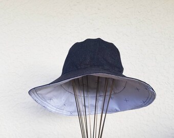 Hamptons style adult denim hat - reversible bucket hat - wide brim hat - sunhat - thick fabric hat - Jean hat - hat for big head