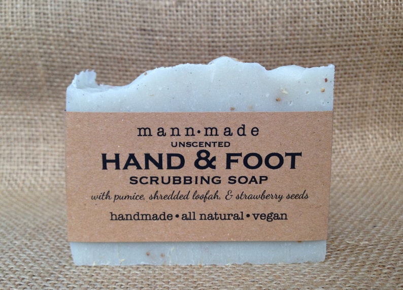 ON SALE Hand and Foot Scrub Soap, with Pumice, Shredded Loofah, Strawberry Seeds Vegan, All Natural, Unscented, Exfoliating image 1