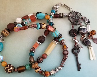 Boho, Multi Textures and Colors,Country- Rustic Bead Collection, Distinctive OOAK Lariat Style Necklace NN156