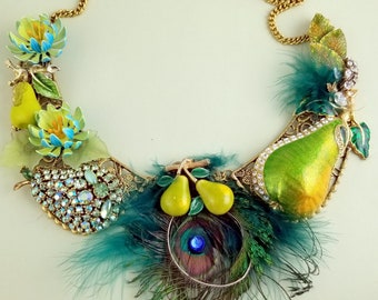 Leaning Pear Themed Bib Necklace with Various Pears, Peacock Feathers, Vintage Flowers, Rhinestone Accents, Matching Earrings OOAK TN101