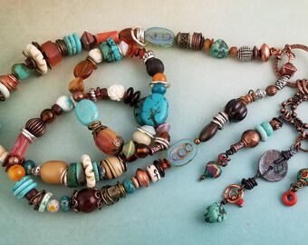 Country- Rustic Distinctive OOAK Lariat Style Necklace, Boho, Multi Textures and Colors,  NN155