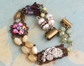 Romantic Victorian Bracelet, Vintage Jewelry Components, Authentic Rosary Chain, Filigree, Pearls, Fushia Rhinestones, Glass Flower Beads
