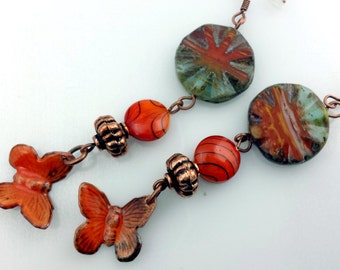 Butterfly Earrings, Copper Enameled Tangerine Orange Butterflies, Copper Beads & Picasso Handcrafted Glass Lampwork Beads, Butterfly,  NE134