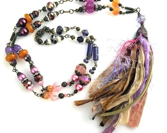 Lariat Style Fancy Vintage Silk Tassel Beaded Chain Necklace with Pink, Purple and Amber NN153