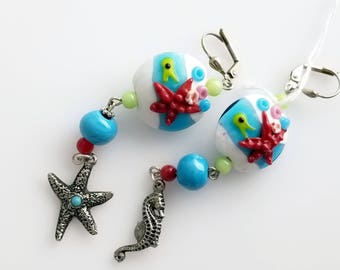 Seaside Lampwork Earrings with Octopus, Fish, Urchins, Coral and Dangle with Seahorse and Starfish NE198