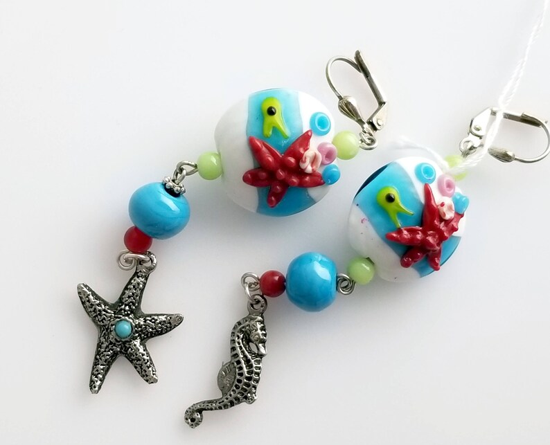 Fish Urchins Seaside Lampwork Earrings with Octopus Coral and Dangle with Seahorse and Starfish NE198