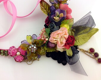 Millinery Necklace, Romantic Floral Victorian Bib Garland Necklace, Repurposed Silk Millinery Roses, Garden Colors VN128