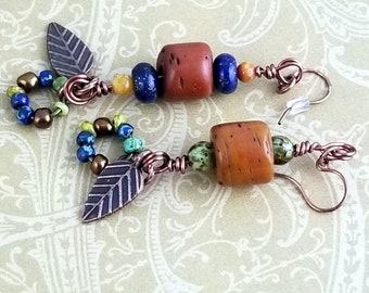 Rustic Style Copper Earrings with Leaves, Native Southwest Colors, Earthy Toho Beads, and Lapis, Cowgirl BoHo NE269