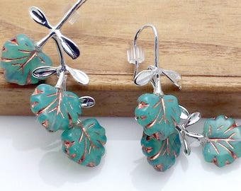 Maple Leaf Dangle Three Tier Earrings with Aqua Green Tones and Silver Leaves NE216