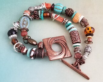 Double Strand BoHo Style Copper and Multi Stone and Glass Bead Bracelet in Colors of Brown, Orange, Aqua NB150