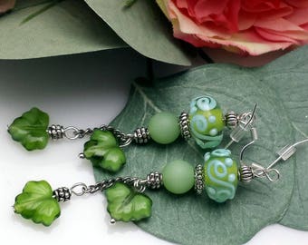 Green and Turquoise Lampwork Maple Leaf Earrings, Dangle Leaves NE206