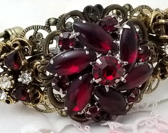 Elegant Ruby Red Cuff Bronze Bracelet with Heart and Navette Rhinestones CB120