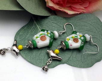 Bird House Earrings with Dangle birds and Flowers NE207
