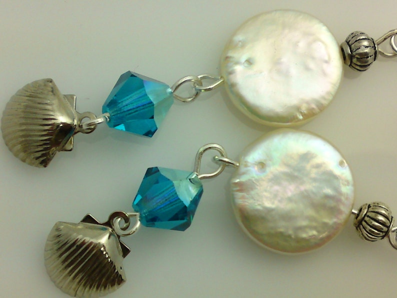 Coin Pearls Silver Shell Dangle Charms Ocean Blue Bicones Seaside Jewelry Beachy Style Ocean Inspired Shell and Pearl Drop Earrings