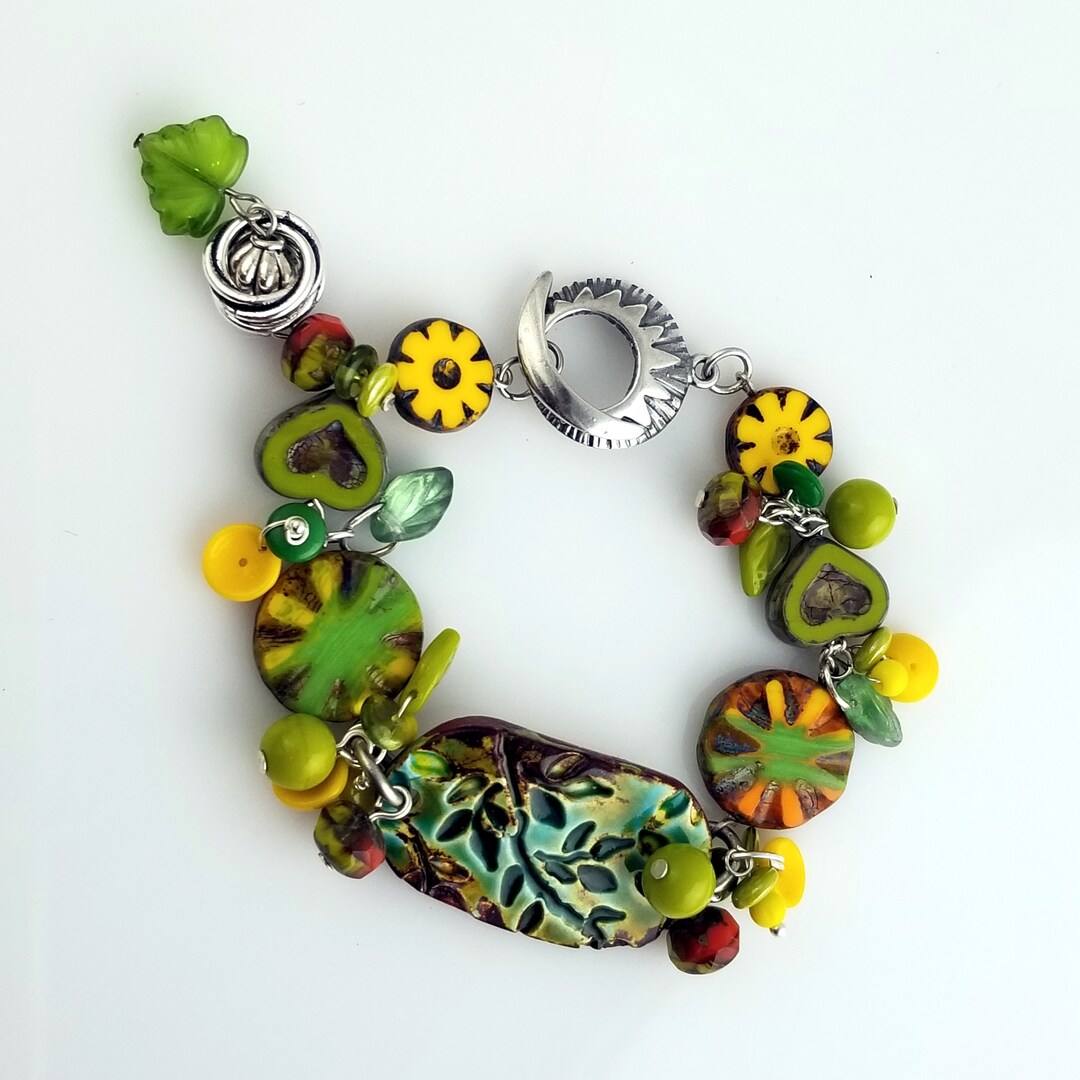 Women's Beaded Bracelet Featuring Ceramic Focal in Yellow and Greens ...