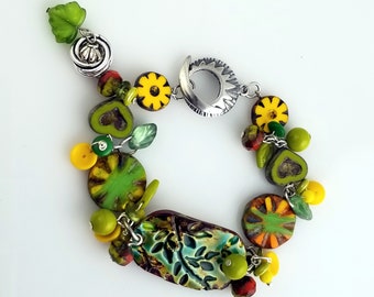 Colorful and Fun Beaded Bracelet Featuring Ceramic Focal in Yellow and Greens, Glass Hearts, Saki Silver Moon Clasp NB148