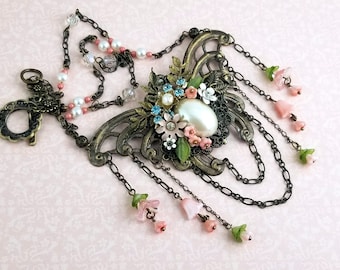 Victorian Romantic BeJeweled Butterfly Necklace with Vintage Re-Purposed Jewelry Components including Pearls & Flowers VN167