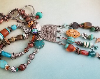 Rustic, Multi Textures and Colors, Boho Bead Collection Distinctive Lariat Style Necklace NN157