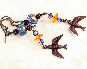 Dainty Charming Bird Dangle Earrings Featuring Swarovski Blue Purple Czech Beads, Orange Margarita Crystals, NE271
