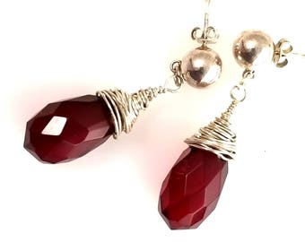 Ruby Red Faceted Crystal Earrings with Hand Wired Teardrop Dangles and Silver Ball Posts 80201