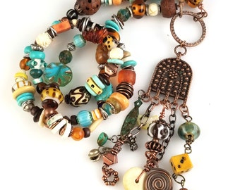 Cowgirl Country- Rustic Distinctive OOAK Lariat Style Necklace, Boho, Multi Textures and Colors,  NN158