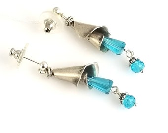 Elegant Dressy Earrings, Cone Flower With Awesome Turquoise Crystal Dangle Drops, NE272