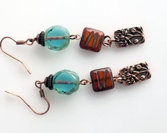 Cut Glass Faceted Turquoise Glass Earrings with Picasso Czech Etched Square Beads, Copper Lotus Flower Dangle NE220