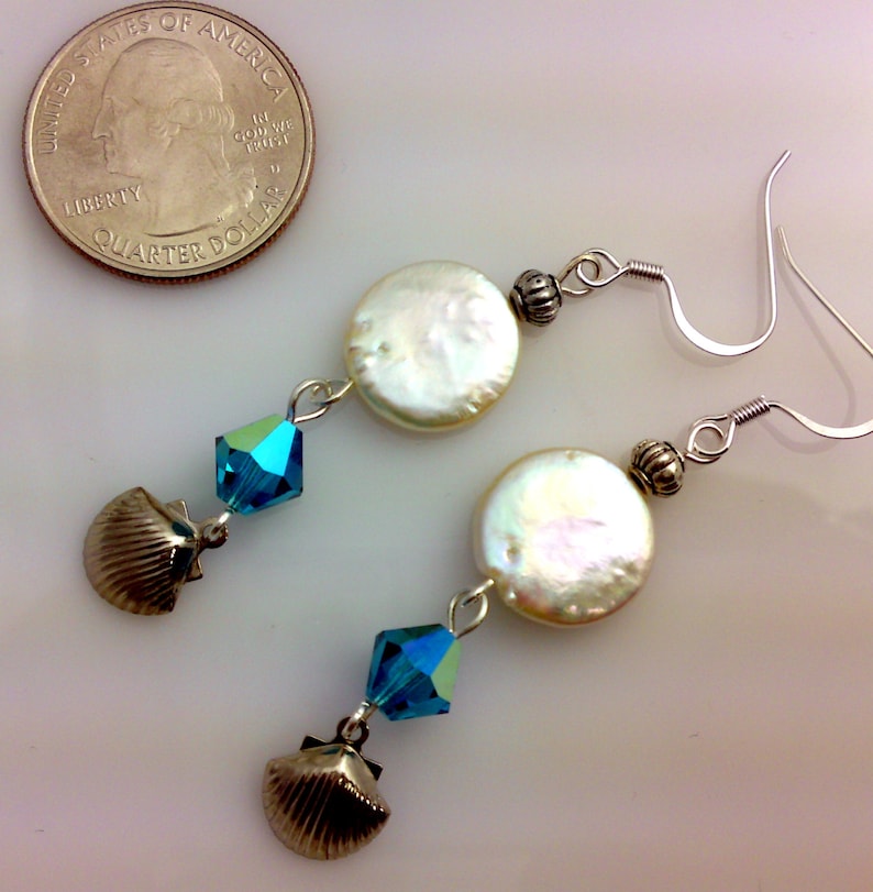 Coin Pearls Silver Shell Dangle Charms Ocean Blue Bicones Seaside Jewelry Beachy Style Ocean Inspired Shell and Pearl Drop Earrings