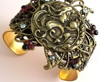 Filigree Cuff Bracelet with Deco Style Woman and Flowers, Red Rhinestones on Re-Purposed Bronze Filigree, VB109