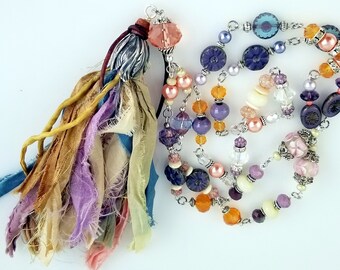 Pastels Abound in this Silk Tassel Lariat Necklace with an Abundance of Pearls, Crystals, and Character! So Chic! NN151