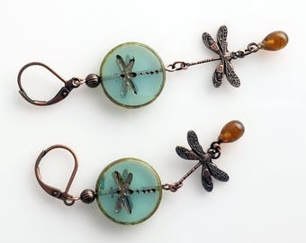 Pretty Aqua Etched Glass Turquoise Dragonfly Earrings, Copper Dragonfly Charm and Amber Teardrop, NE106