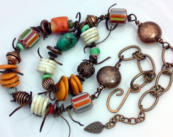 Rustic Necklace African Trade Beads w/ Authentic African Beads, Leather, Primitive Copper, Native Tribal, Rustic Beads, Handmade Clasp NN110