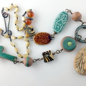 Lariat Necklace Painted Porcelain Bead Dragonfly Turquoise Brown and White Beaded Necklace N30