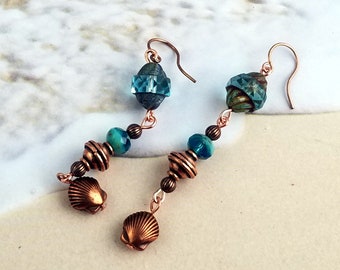 Seaside Series Sea Shell Earrings, Copper Shell Drops with  Aqua Czech Faceted Glass and Copper Saturn Beads NE278