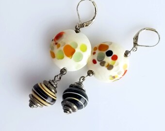 Beautiful Hand Blown Fall Colors Lampwork Glass Earrings with Black and Beige Lampwork Swirls, 80178 Matches Necklace# 50165