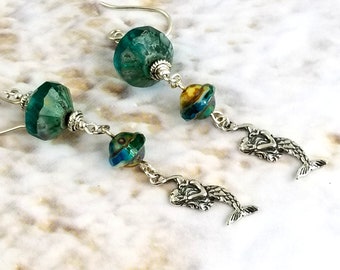 Seaside Series Mermaid Earrings, Sterling Silver and Aqua Czech Beads, Ocean Beach Inspired Dangles NE276