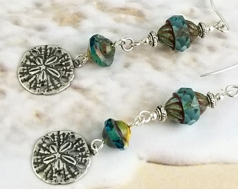 Seaside Series Beach Ocean Theme Sand Dollar Dangle Earrings in Silver with Aqua Czech Faceted Beads. NE279