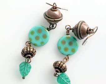 Fun Copper and Turquoise Earrings with Polka Dots and Leaf Dangles NE251