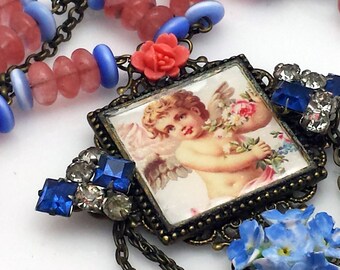 Cherub Necklace, Roses, Angels, Re-Purposed Rhinestones, Vintage Porcelain Bouquet, Romantic,  Shabby Chic, Blue & Pink, Beaded Chain, VN103