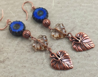 Women's Earrings, Copper Nature Inspired Leaf Dangle Earrings NE192