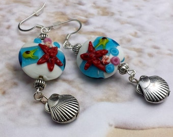 Nautical Earrings Seaside Ocean Beachy Themed Dangle Drop with Lampwork Starfish, Fish and Clam Shells, Vacation Beach, NE199