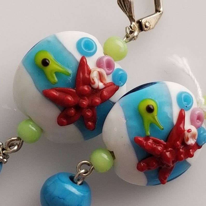 Fish Urchins Seaside Lampwork Earrings with Octopus Coral and Dangle with Seahorse and Starfish NE198