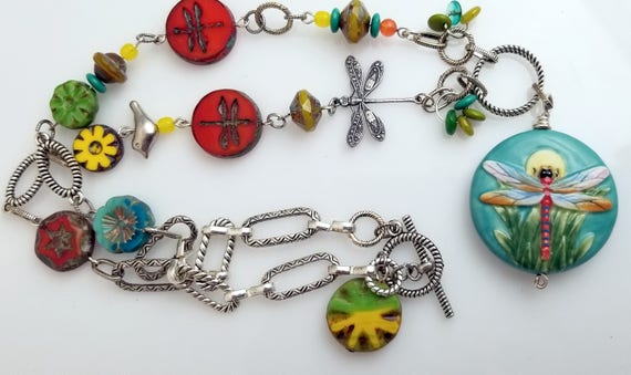 Lariat Necklace Painted Porcelain Bead Dragonfly Turquoise Brown and White Beaded Necklace N30