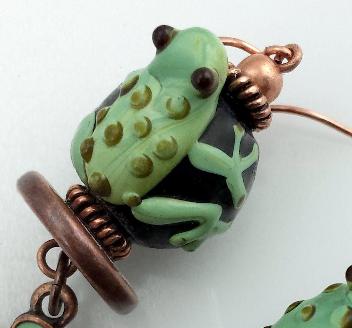 Tree Frog Earrings, Lampwork Dangle Copper Toad Beadhugger Earrings